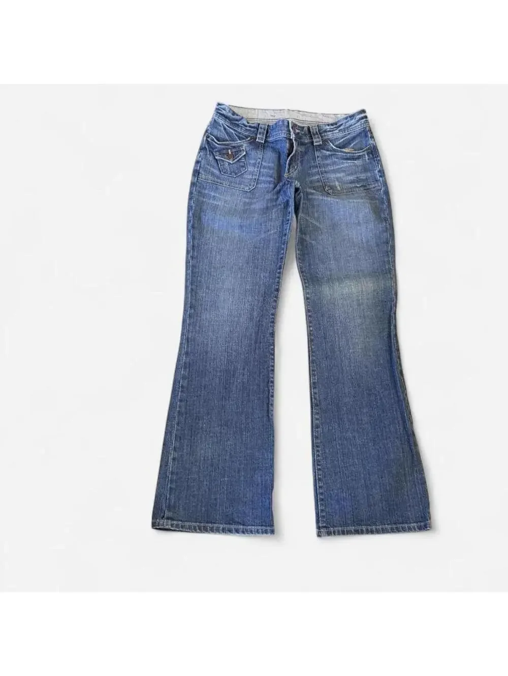 Y2K X2 Denim Laboratory Flare Leg Jeans Size 8 Medium Wash Low Rise Multi Pocket